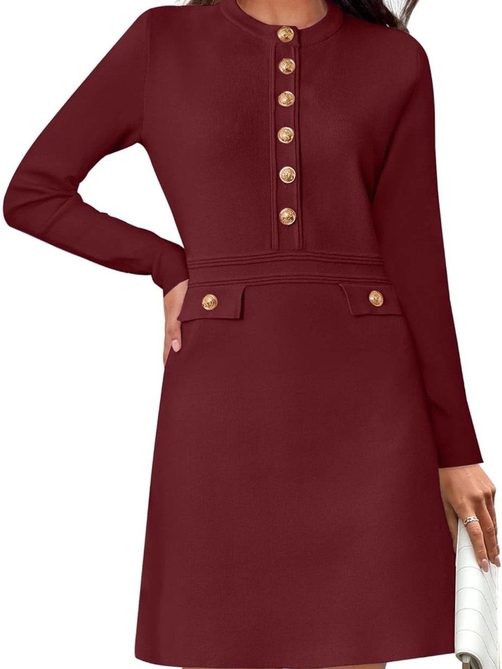 Merokeety‎ Burgundy Sweater Dress Gold Button Long Sleeve Knit Women’s M NWT